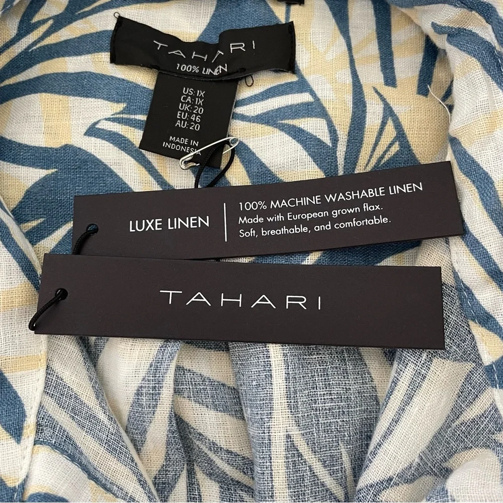 Tahari 100% Linen Blue Palm Print Tunic Top Size 1X Coastal Tropical Lagenlook